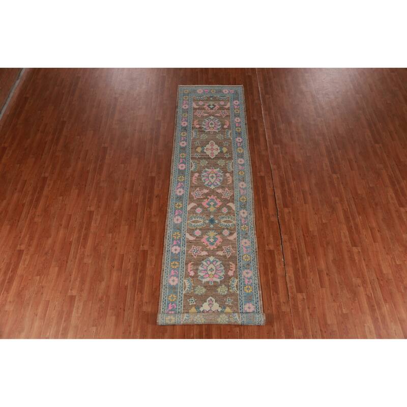 Hand Knotted Oriental 100% Wool Carpet Transitional Floral Brown Oushak Runner Rug - 15' 3'' X 3' 4''
