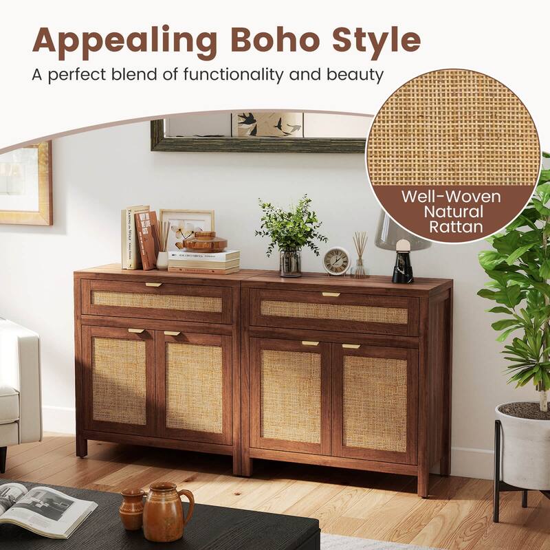 Costway 1/2 PCS Buffet Cabinet Sideboard Storage Cabinet Rattan Doors