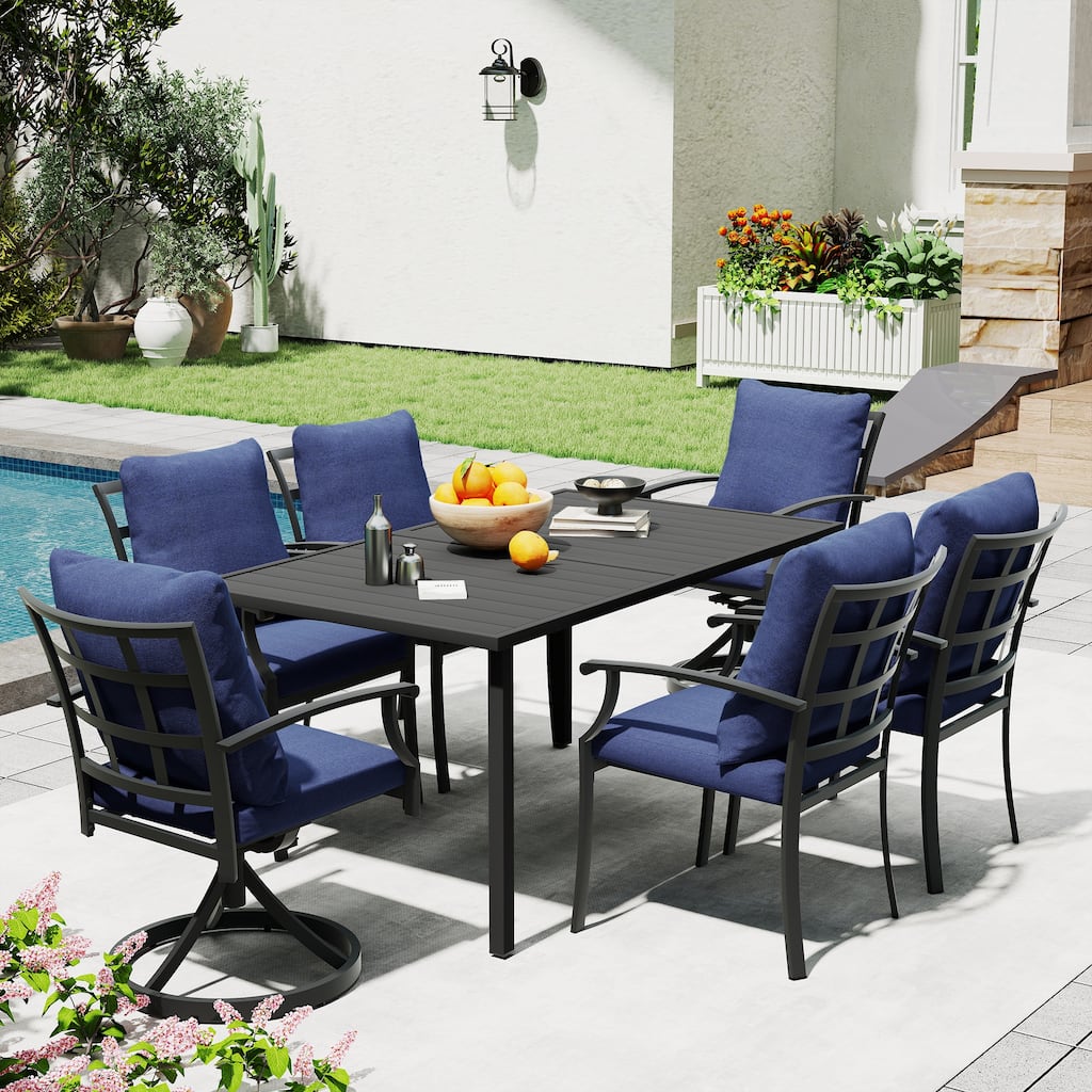 IvyGlow 7-Piece Black Metal Patio Dining Set with Rectangular Table, 2 Swivel Dining Chairs and Gray Cushions