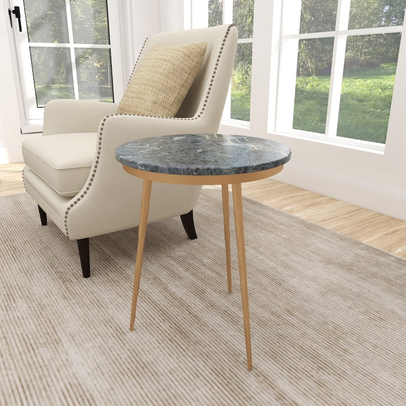 Marble Accent Table with Gold Metal Tripod Legs and Zig-Zag Detail - Green - Roche River Decor