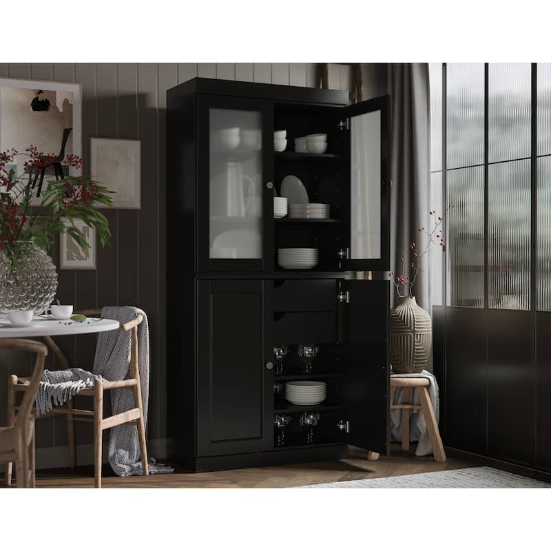 Palace Imports 100% Solid Wood Pantry Cabinet with Frosted Glass Doors, Solid Doors, 2-Drawers and Adjustable Shelves - Black