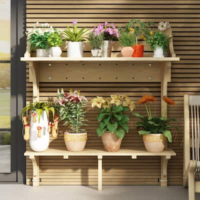 Rustic Fir Wood Potting Table with Storage Shelves