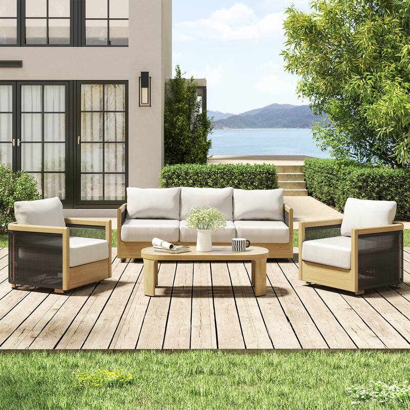 Overture 4-Piece Natural Wood Grain Aluminum Hand-Woven Rope Patio Conversation Set with Beige Cushions and Coffee Table
