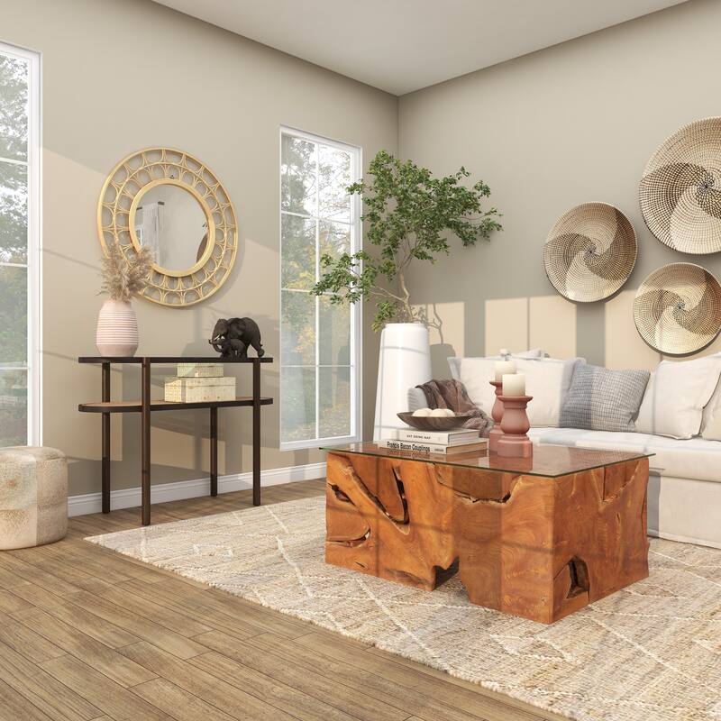 Rattan Oval 1 Shelf Console Table with Pressed Tempered Glass Top and Metal Legs - Brown - Roche River Decor