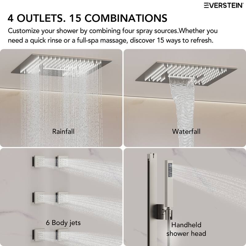 Digital Thermostatic Shower Set with Remote-Control LED Lights, Rainfall/Waterfall Combo and Massaging Jets