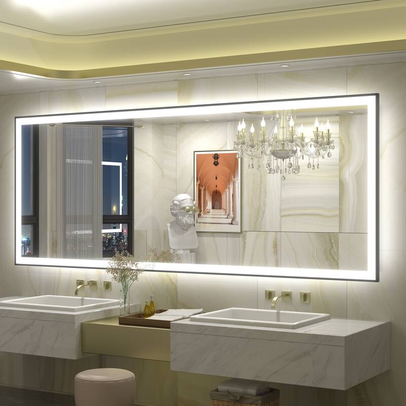 Front & Back LED Anti-Fog Tempered Glass Framed Bathroom/Vanity Mirror 3-Year Warranty - 84" x 32"-Square Corner - Black