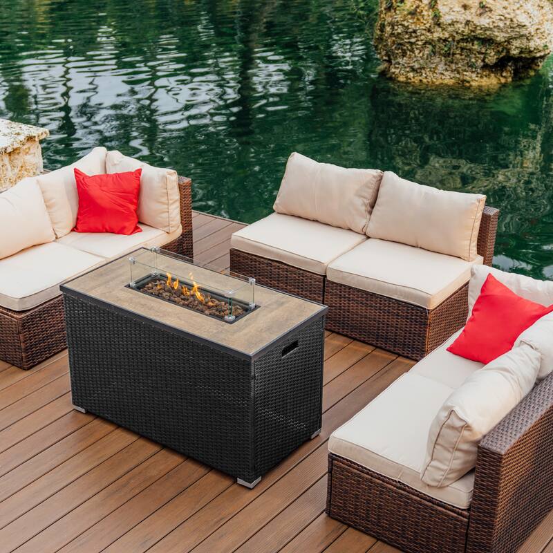Empyrean Outdoor 43" Wicker Fire Pit Table with Glass Shield