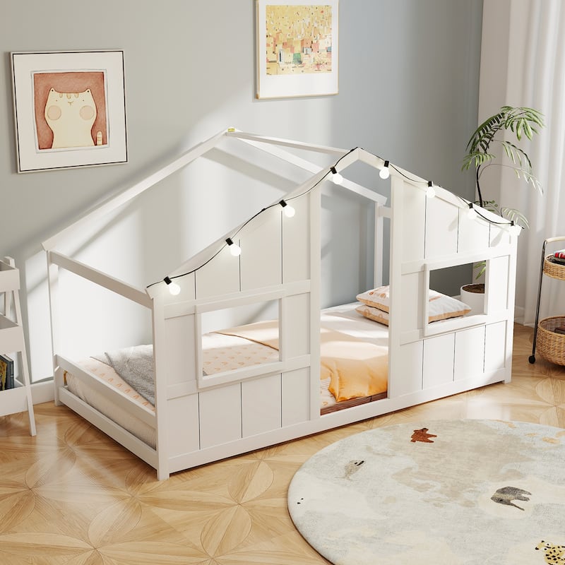 Twin Size Kids Floor Bed with LED Lights and Solid Wooden Montessori House Design
