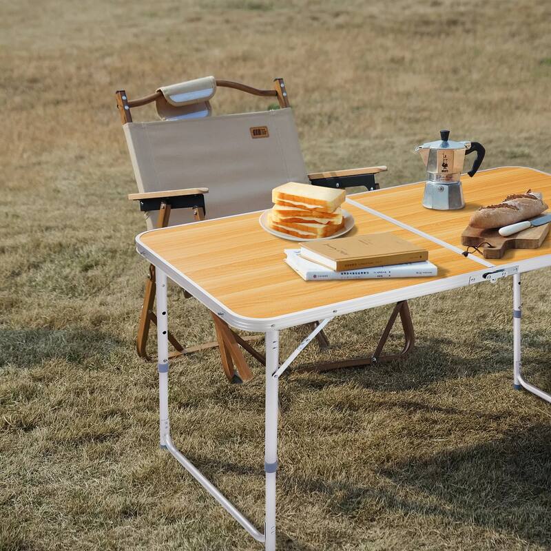 Portable Folding Table with Aluminum Frame and Wood Grain Top