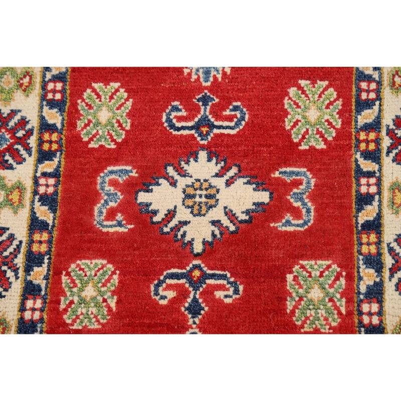 Red Geometric Kazak Foyer Rug Handmade Wool Carpet - 2'0" x 3'0"
