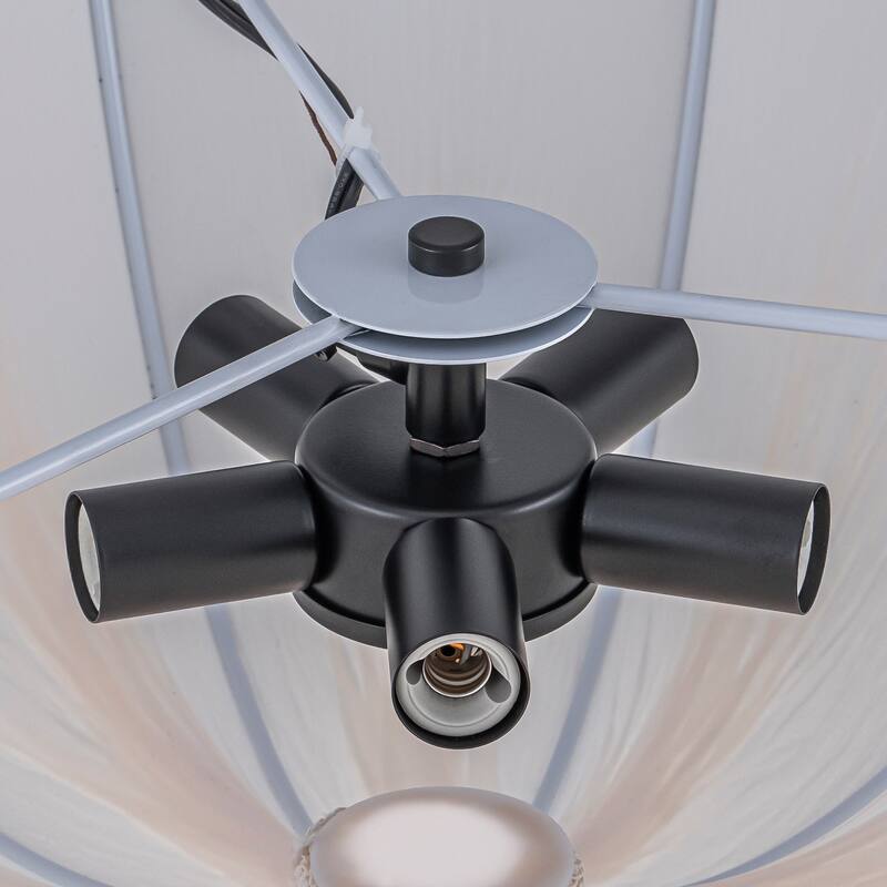 5-Light White Fabric Shade Pendant Light for Living Room - Black White