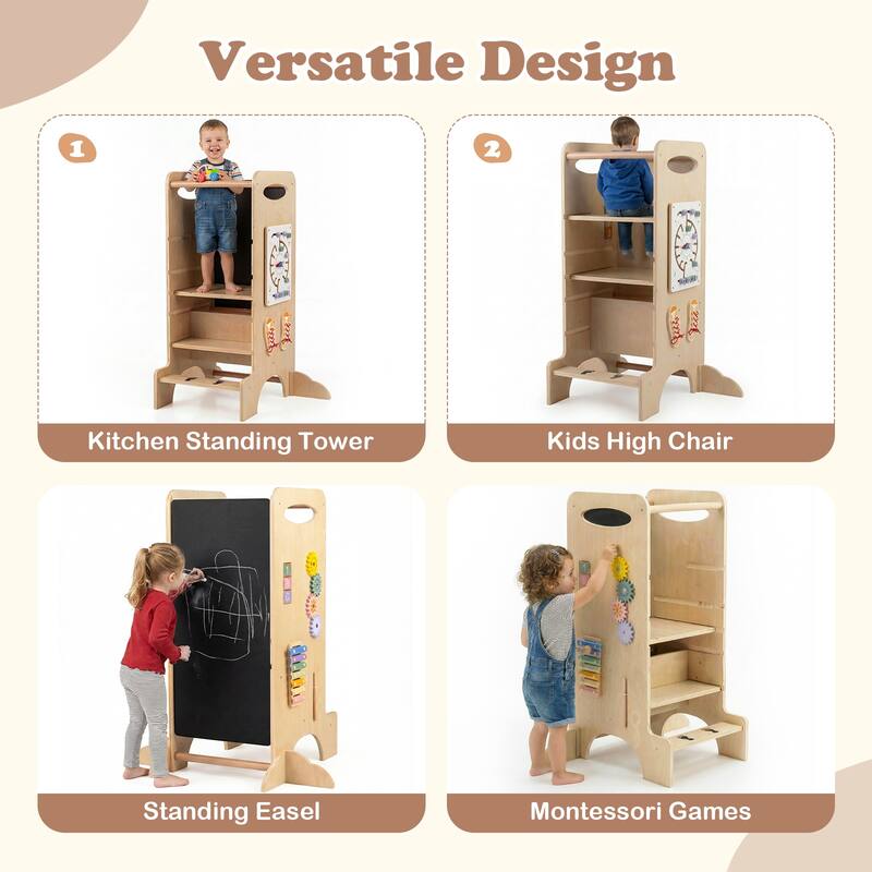 Gymax Wooden Toddler Standing Tower w/Chalkboard Montessori Games 3