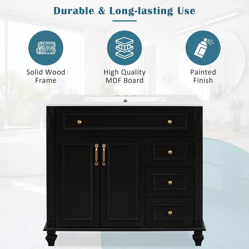 36" Bathroom Vanity with Sink, Storage Vanity Cabinet with Flip-Out Drawer, 3 Drawers, 2 Soft-Close Doors and Gold Handles