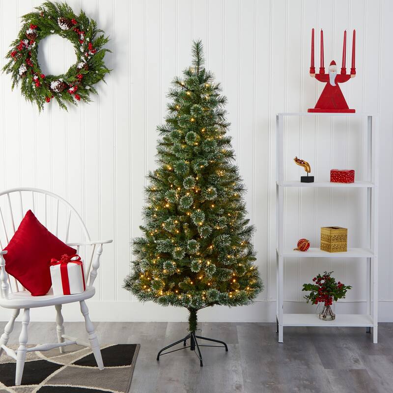 6Ft Slim Christmas Tree with Lights - Holiday Pine Tree, 300 LED, Metal Stand, Indoor Decor - Green - 50