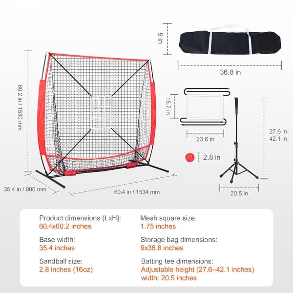 5x5 ft Baseball Softball Practice Net with Bow Frame, Carry Bag, Strike Zone, Ball, Batting Tee - 5*5 feet