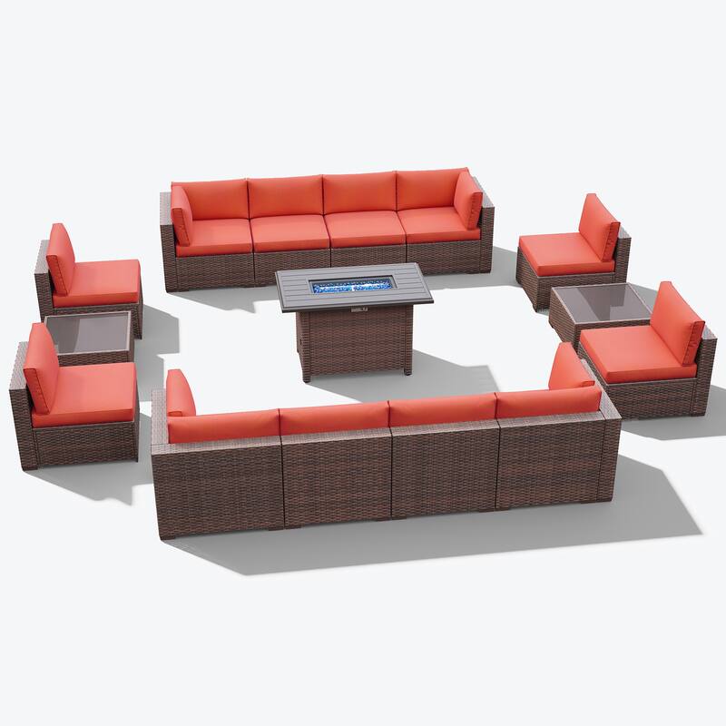 15 Piece Wicker Set Patio Sofa Furniture with Fire Pit And Table