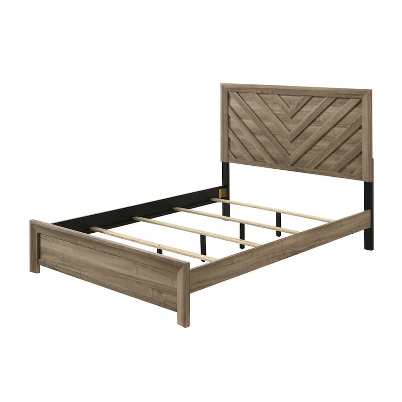 King Size Chevron-Patterned Headboard Bed in Light Brown Warm Wood Finish