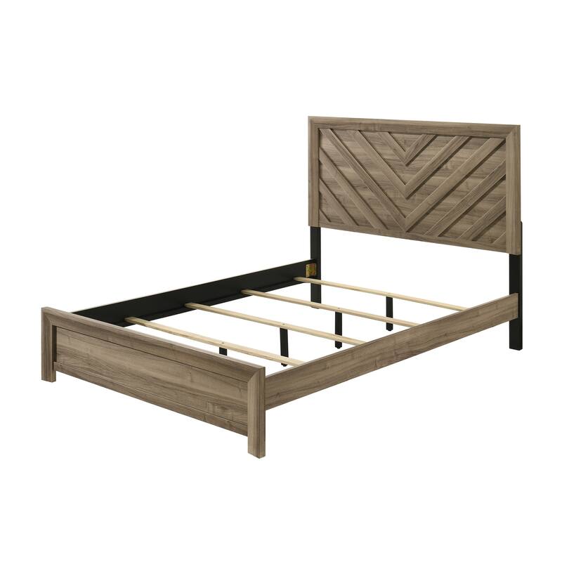 Queen Size Chevron-Patterned Headboard Bed in Light Brown Warm Wood Finish