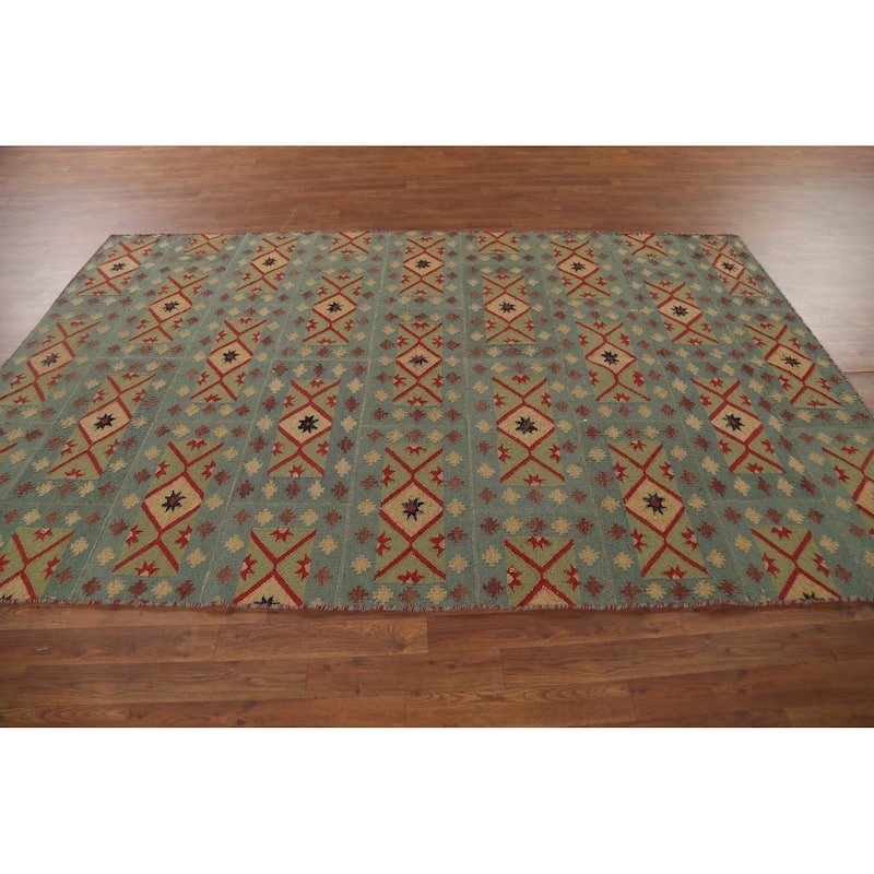 Geometric Kilim Oriental Area Rug Flatweave Green Wool Carpet - 5'7"x 9'0"
