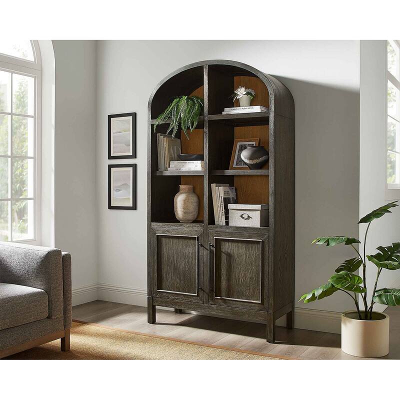 Modern Wood Arched Display Cabinet/Bookcase, Office Shelving, Storage Cabinet, Fully Assembled, Black - 40"w x 76"h x 17"d - Wood Finish - Black