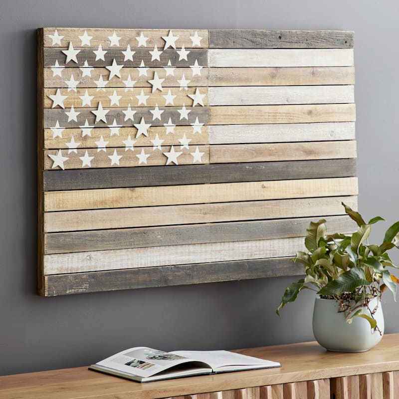 Brown Wood Handmade Washed American Flag Home Wall Decor with Slatted Panels and Cream Stars - Brown