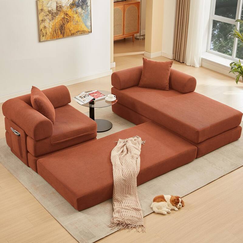 107" Orange Corduroy Modular Sectional Sofa Bed, 7-in-1, No Assembly