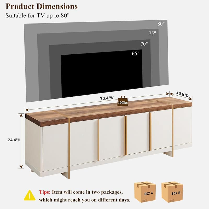 Modern 70" TV Stand, Entertainment Center, Handle-Free Hidden Design