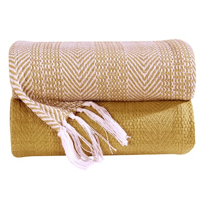 100% Cotton All Season Throw Blankets Herringbone 50''x 60'' Set of 2