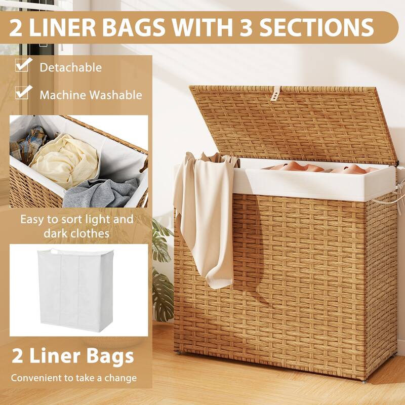 3-Compartment Laundry Basket Bags with Wheels Lid and 125L Capacity Removable - 25.5" x 13" x26" (L x W x H)