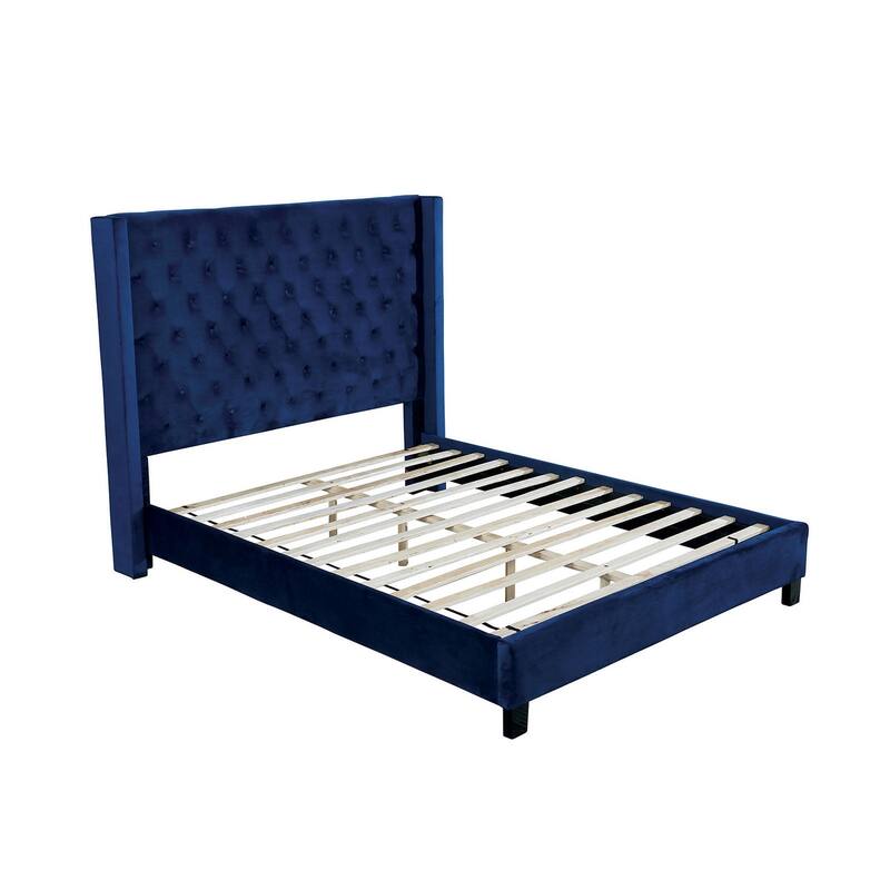 Transitional Navy Finish Button Tufted Headboard 1 piece Platform Bed