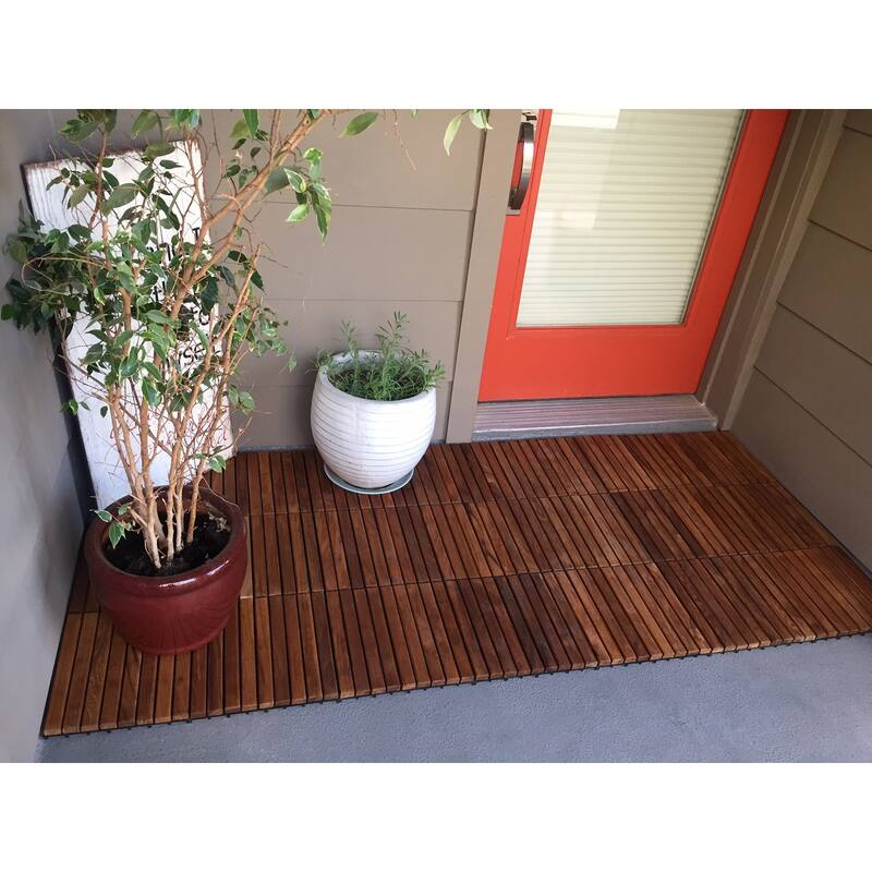 Oiled Teak Wood 9-slat Square Interlocking Tile Set (Pack of 10)