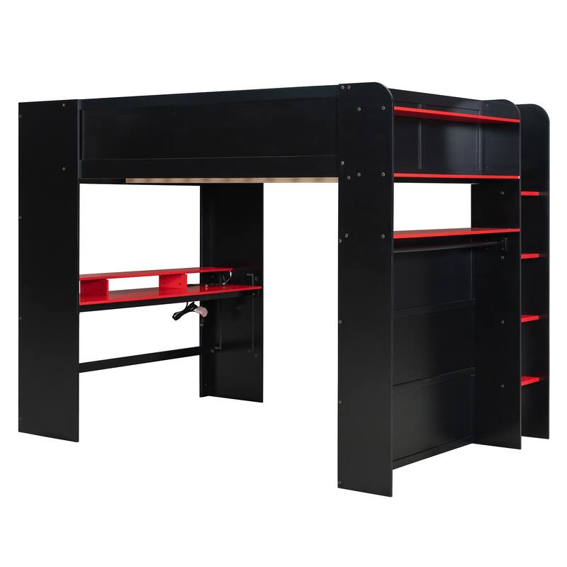 Roomfitters Full Size Loft Bed with Adjustable Desk, Wardrobe Storage, and RGB Lighting