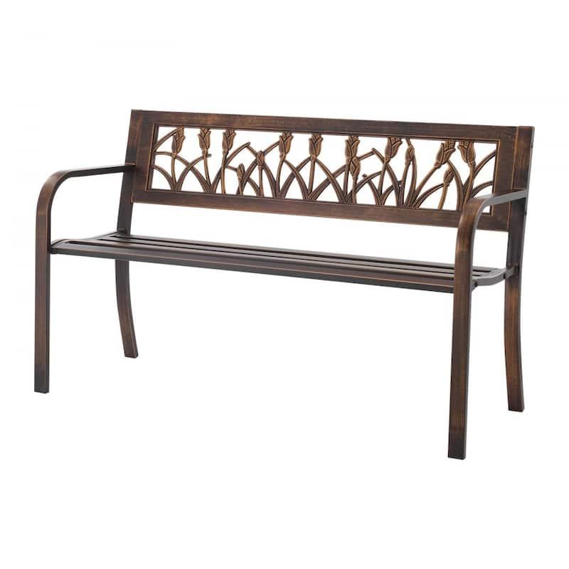 50 Inch Antique Bronze Outdoor Patio Bench with Steel Frame and Floral PVC Backrest for 2-3 People - 50” x 20.5” x 30.3”