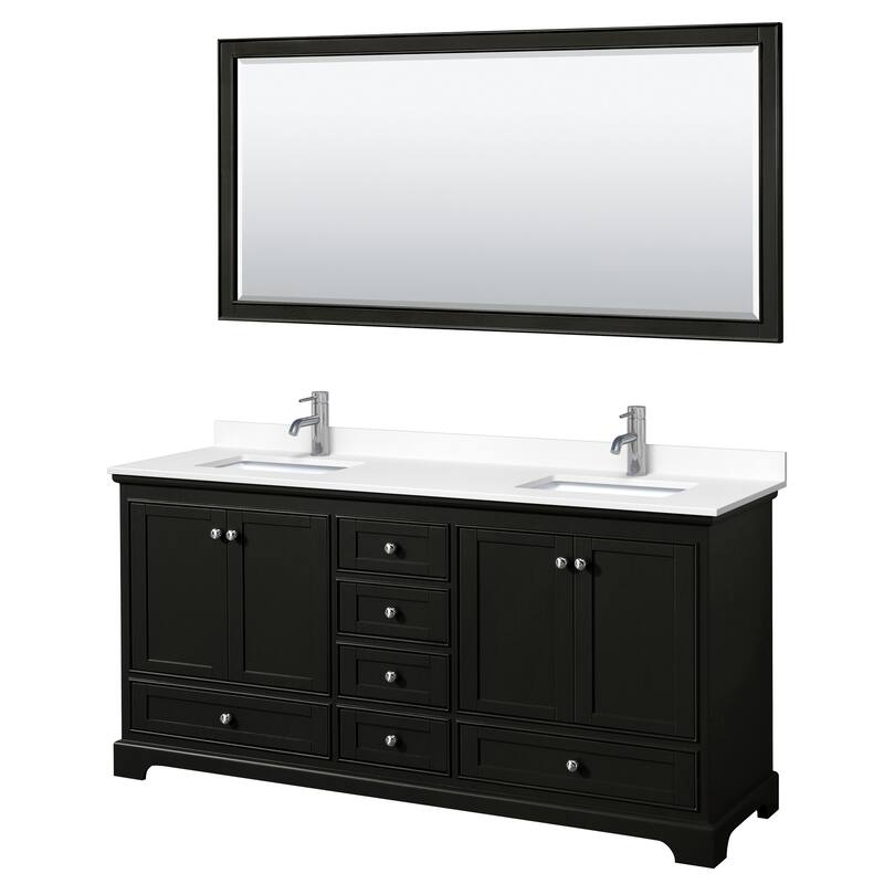 Deborah 72-inch Double Vanity, Cultured Marble Top, 70-inch Mirror - Dark Espresso, Chrome Trim, White Cult. Marble Top