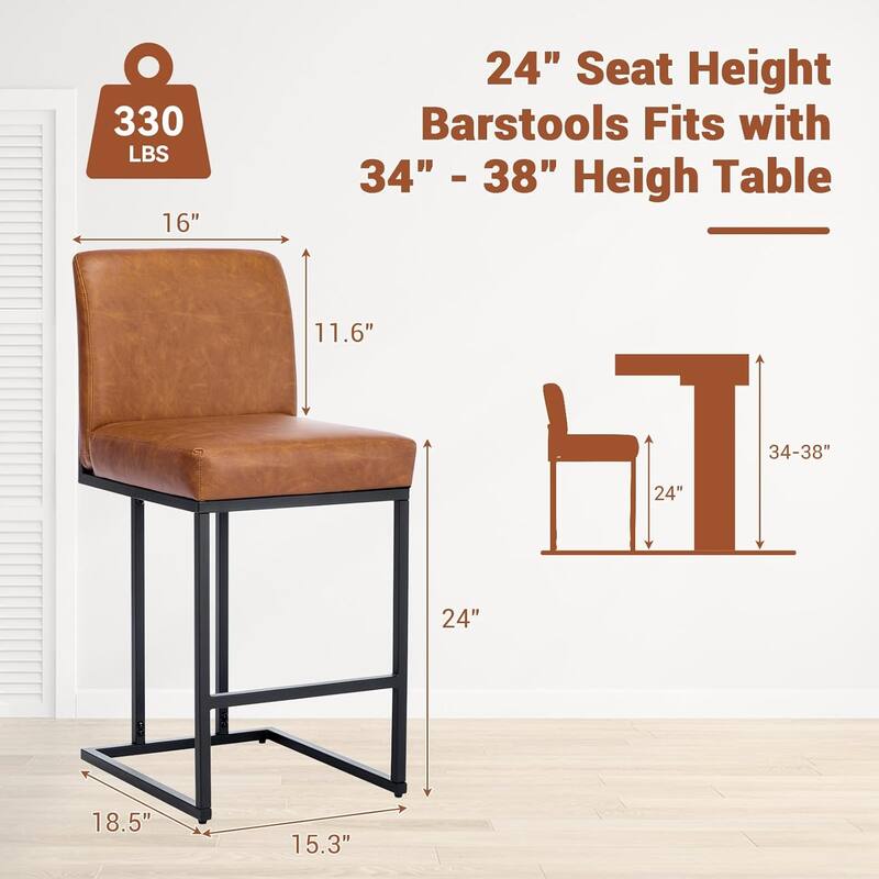Bar Stools Set of 2, 24" Seat High Counter Height Leather Barstools
