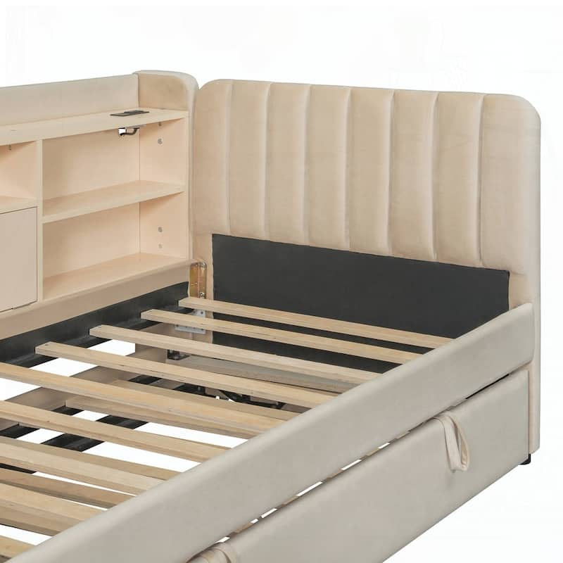 Upholstered Daybed with Trundle and Storage Shelves