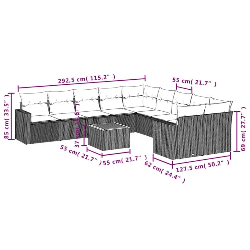 vidaXL 11 Piece Patio Sofa Set with Cushions Grey Poly Rattan - 24.4" x 24.4" x 27.2"