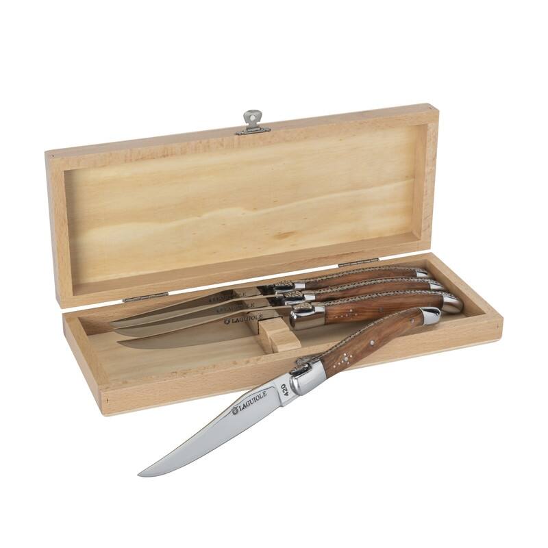 AU NAIN Laguiole Steak Knives with Olive Wood Handles, Set of 4