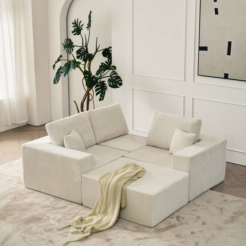 Modular L Shaped Sectional Sofa with Ottoman, Corduroy Boneless Cloud Sofa, 3 Seater Upholstered Sofa with 2 Pillows