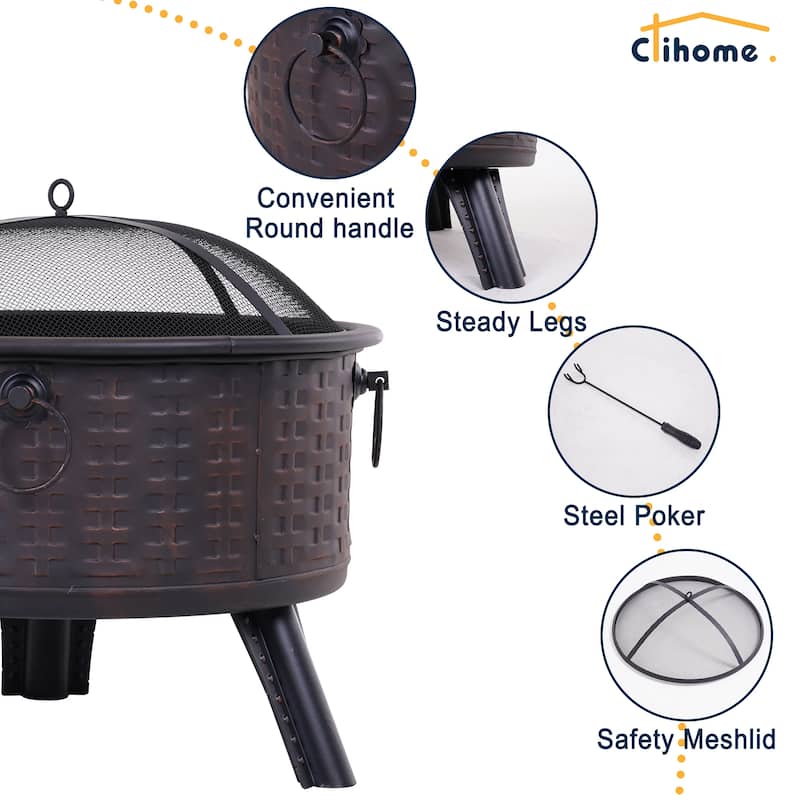Clihome 26-inch Metal Round Crossweave Firepit Set