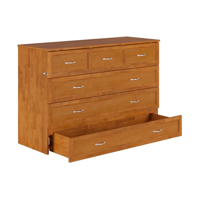Northfield Queen Murphy Bed Chest with 6" Mattress, Storage Drawer & Built-In Charger in Light Toffee