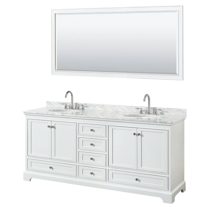 Deborah 80-inch Double Vanity, Oval Sinks, 70-inch Mirror - White, Chrome Trim, White Carrara Marble Top