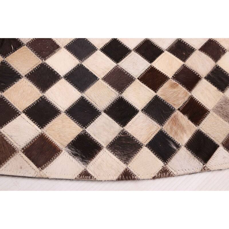 ECARPETGALLERY Handmade Cowhide Patchwork Dark Brown, Ivory Leather Rug - 7' x 7'