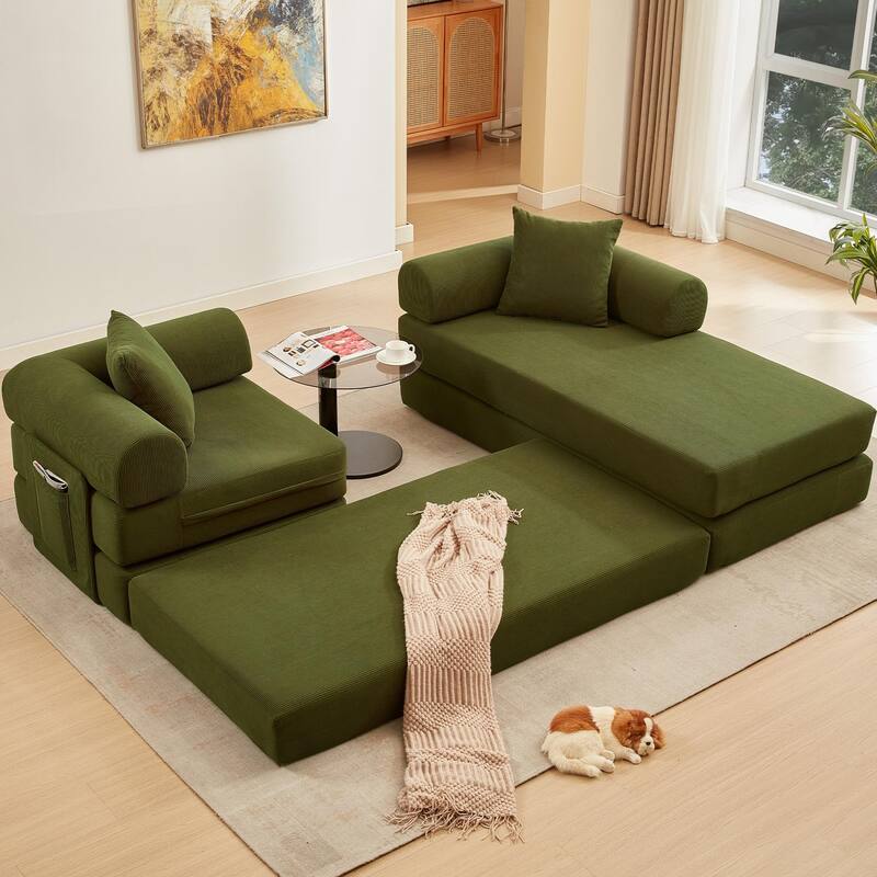 107'' L-Shaped 7-in-1 Corduroy Modular Sectional Sofa Bed, 4-Seat, Green