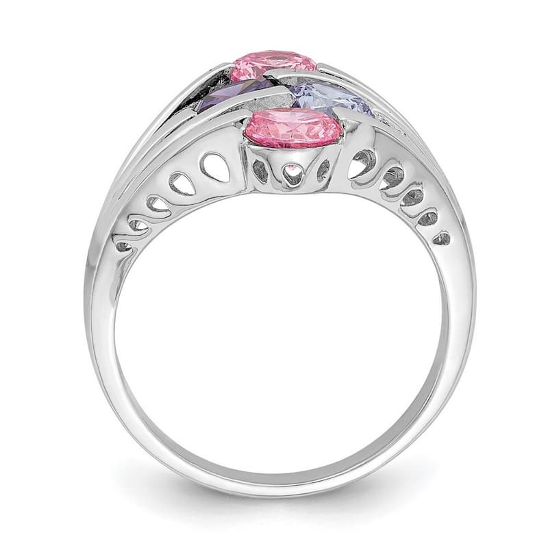 Curata 925 Sterling Silver Rhodium Plated Pink and Purple CZ Cubic Zirconia 4 Bar Ring