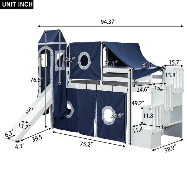 dimension image slide 1 of 2, Twin Loft Bed with Tent & Tower, Castle Design, Blue, Fun & Spacious
