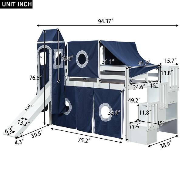 dimension image slide 1 of 2, Unique Design Twin Size Loft Bed with Tent, Storage and Slide