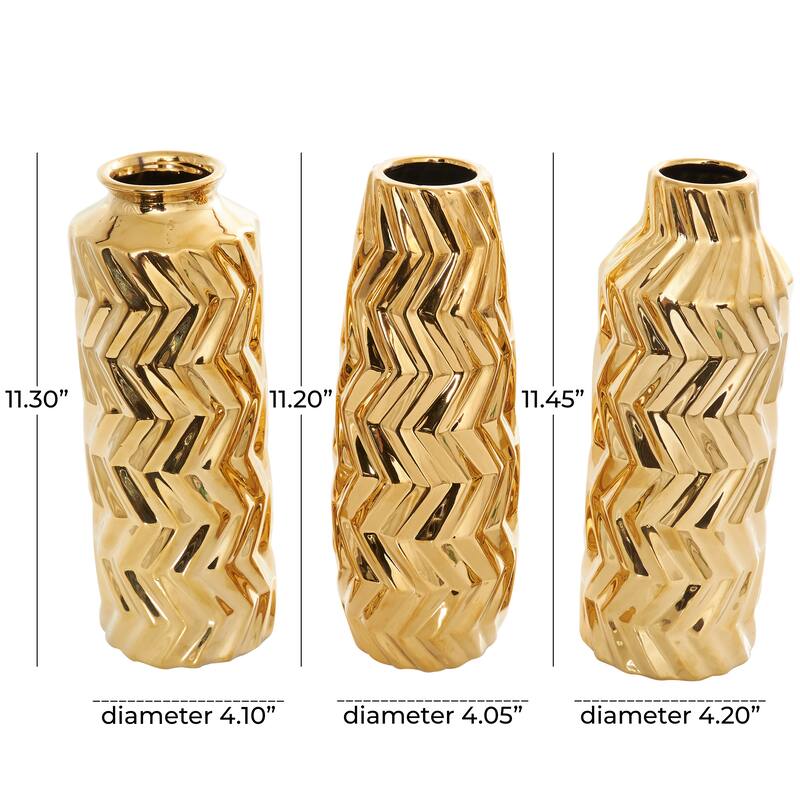 Gold Ceramic Dimensional Chevron Textured Decorative Vase with Varying Shapes (Set of 3)