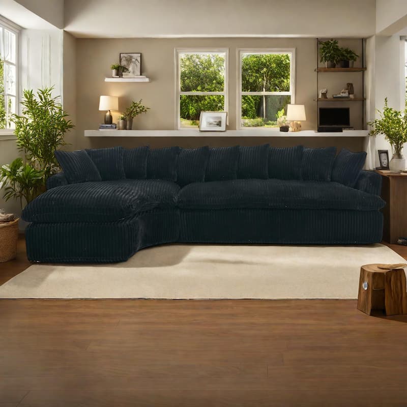 127"Corduroy L-Shaped Sectional Sofa with High-Resilience Foam, 10 Back Cushions, and No Assembly Required - Black