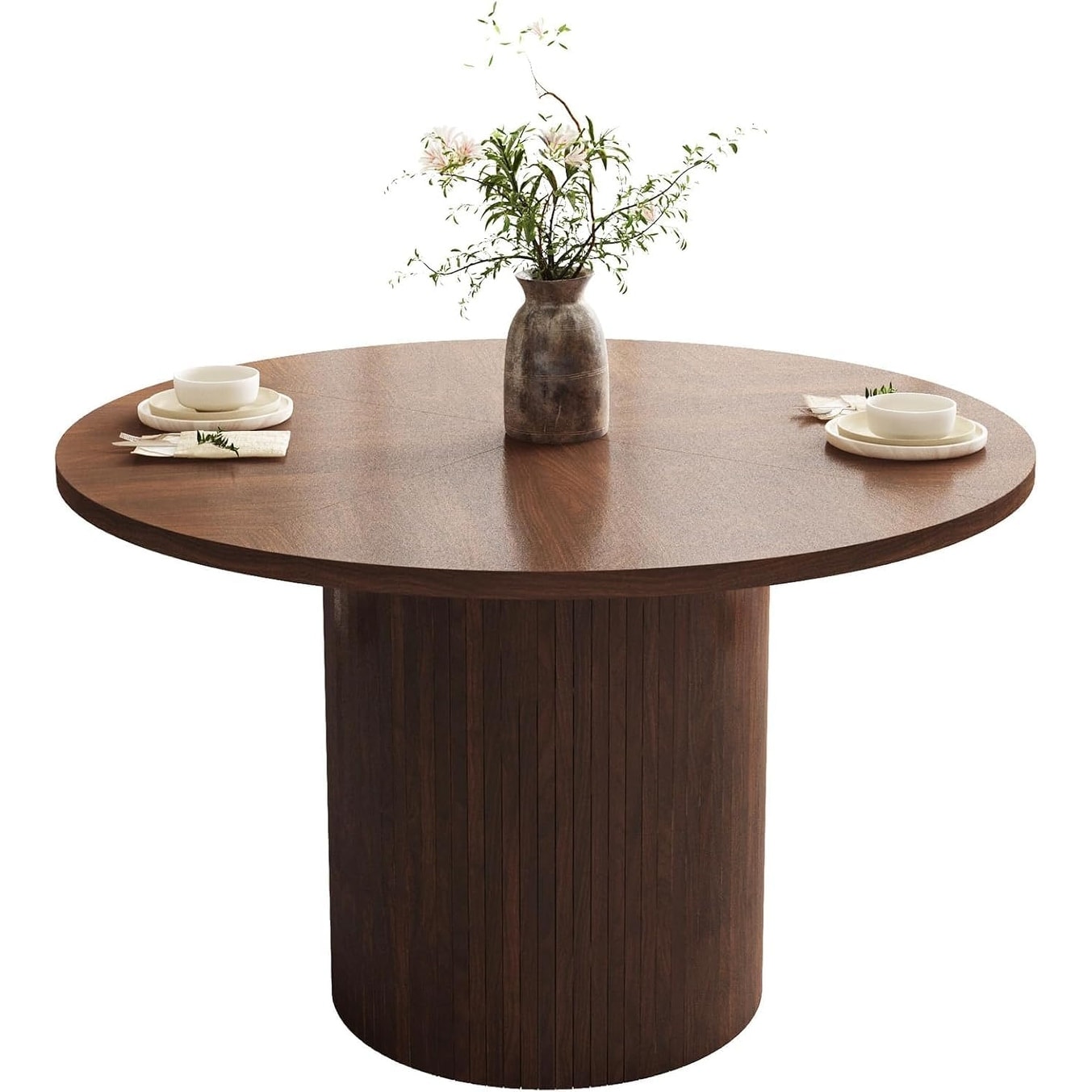 47 Inch Round Farmhouse Dining Table, Modern Wood Circle Table for Kitchen and Living Room, Walnut Finish